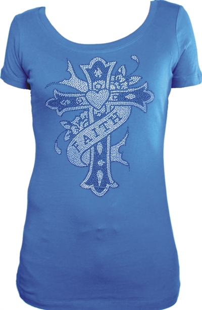 Faith Ribbon Heart Rhinestone Cross T-Shirt Blue