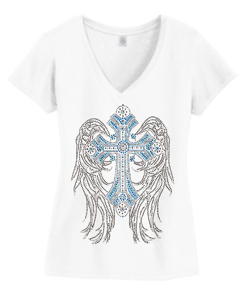 Rhinestone Angel Wings And Blue Stud Cross V-Neck Shirt by CROSS