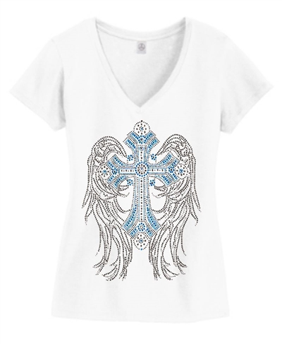 Rhinestone Angel Wings Blue Stud Cross V-Neck Shirt