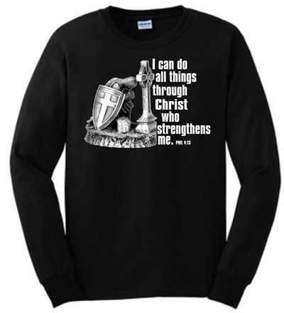 I Can Do All Things Through Christ Warrior Long Sleeve Christian T-Shirt in Black