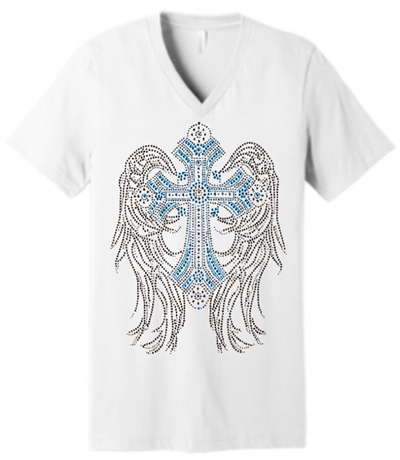 Blue Stud Rhinestone Cross Angel Wings V-Neck T-Shirt