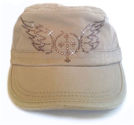 Rhinestone Cross with Wings Fidel Cap in Khaki