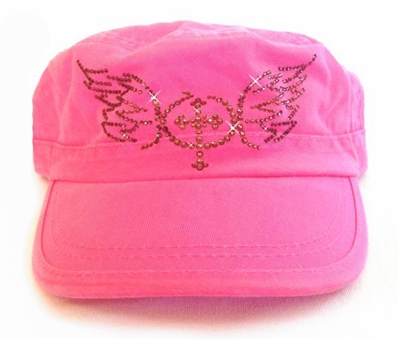 Rhinestone Cross with Wings Fidel Cap in Pink