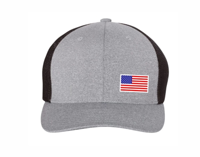 USA Flag Flexfit Mesh Trucker Cap Gray and Black