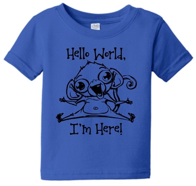 Hello World I'm Here Monkey Toddler Infant T-Shirt Blue