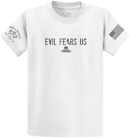 Evil Fears Us Guns and Skull T-Shirt White