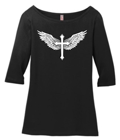Feathered Wings and Cross 3/4 Sleeve Tee