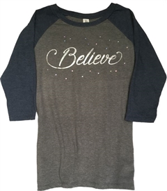 Believe Foil Rhinestone 3/4 Sleeve Raglan Shirt Women