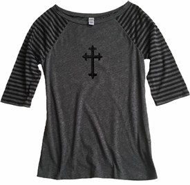 Black Latin Cross Boatneck 3/4 Striped Sleeve-Shirt Gray / Black