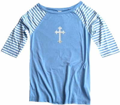 Silver Latin Cross Boatneck 3/4 Striped Sleeve-Shirt Blue / White