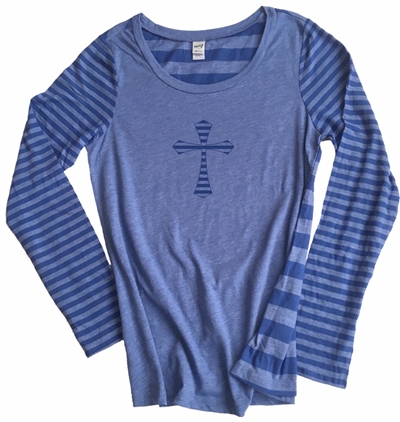 Striped Cross Women's Long Sleeve Shirt in Heathered Navy