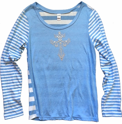 Rhinestud Cross Women's Striped Long Sleeve Shirt Blue