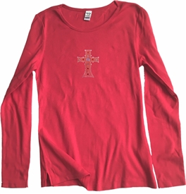 Rhinestud Cross Women's Long Sleeve Shirt Red