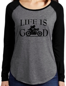 Life Is Good Biker Girl Long Sleeve Raglan Tee Shirt in Black and Gray.
