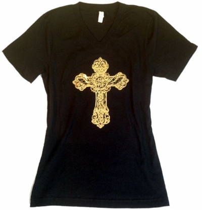 Wings in Gold Foil Cross Women's V-Neck T-Shirt