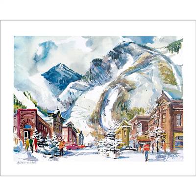 Aspen, CO Watercolor 1970 View of the Town & Mountain, Larger Poster of the same Aspen Image, by the late Cecile Johnson