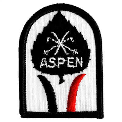 1970s Aspen Leaf with Cross Skis Vintage Black and Red Ski Patch, 2 x 2 3/4 inches