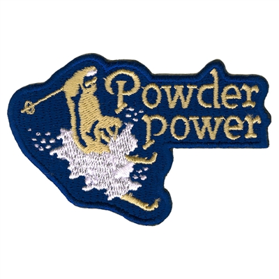Powder Power Cream on Blue 1970s Embroidered Ski Patch, 3 1/4 x 2 1/4 inches