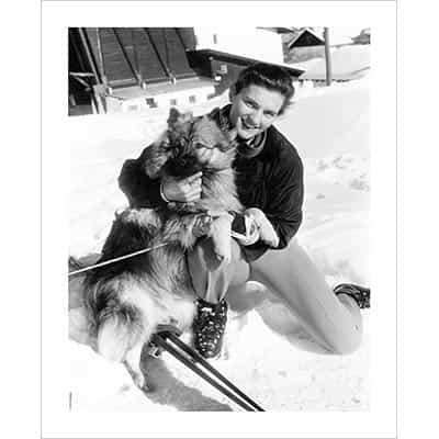 Vintage photo of Olympian Andy Lawrence with her Dog Bota in Cortina, Italy 1956 (Black & White or Sepia, 2 Sizes: 8 x 10 and 11 x 14 inches)