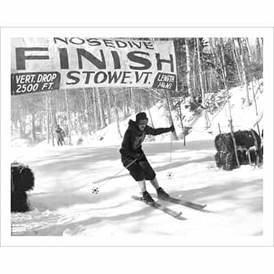 Vintage photo of Olympian Andy Lawrence Finishes the Nosedive Ski Race in Stowe, VT (Black & White or Sepia, 2 Sizes: 8 x 10 and 11 x 14 inches)