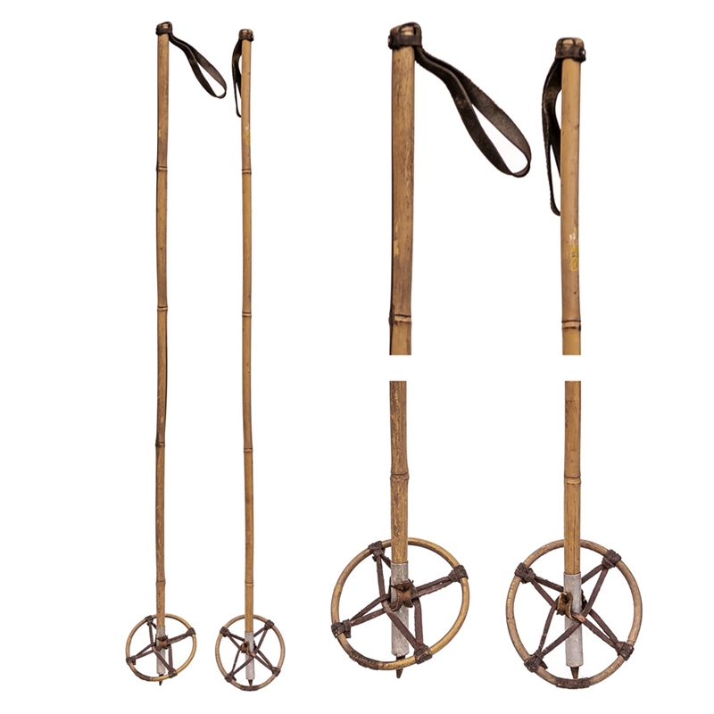 1940s Tonkin Cane Vintage Ski Poles with Leather Baskets, 53 inches