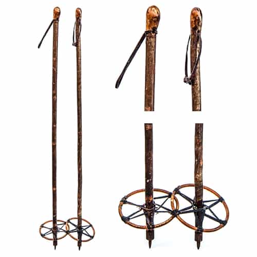 1930s Twig European Vintage Ski Poles with Leather and Cane Baskets