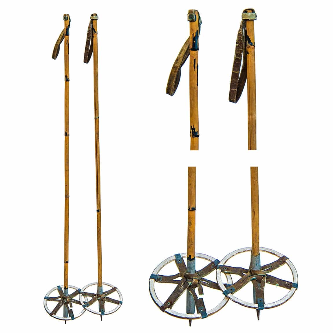 1940s Vintage Bamboo Ski Poles with White Wood Baskets and leather straps.