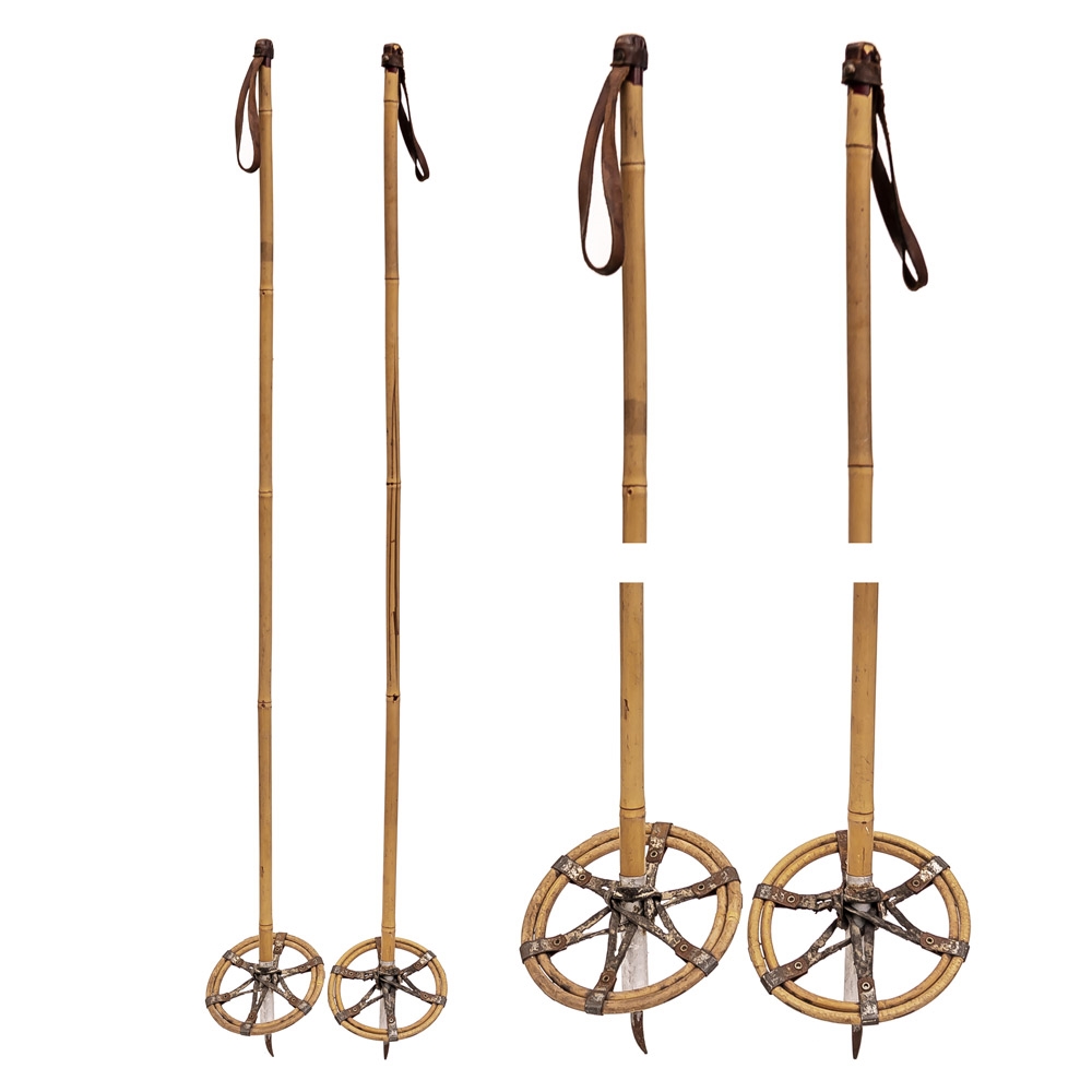 1940s Vintage Bamboo ski poles with 7 inch bamboo and leather baskets.  Length - 56 inches
