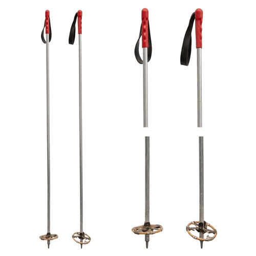 1950s Aluminum Ski Poles with Red Plastic Grips and bamboo and leather baskets