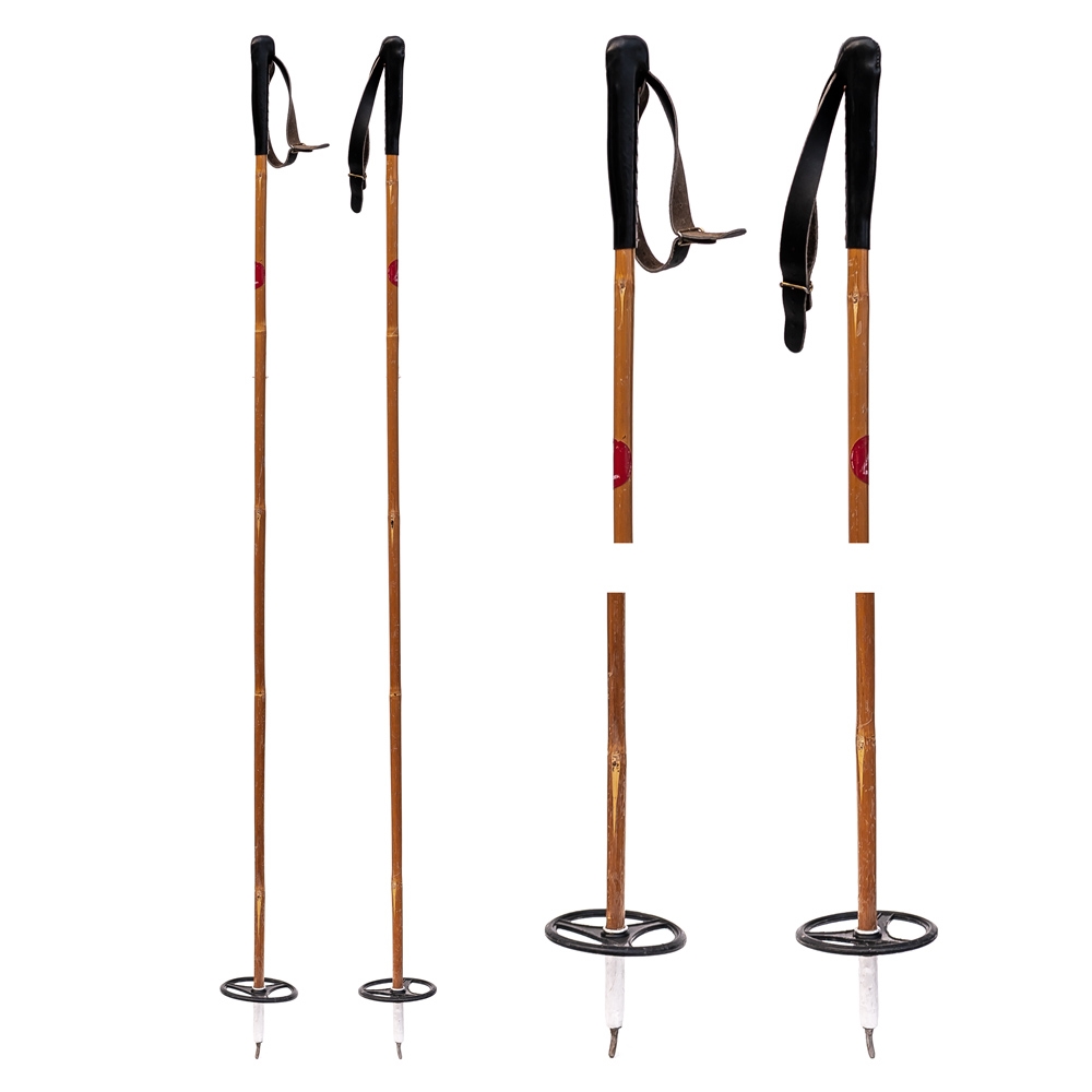 1960s Vintage Norwegian Bamboo Cross Country Ski Poles with Leather Straps  and Rubber Baskets
