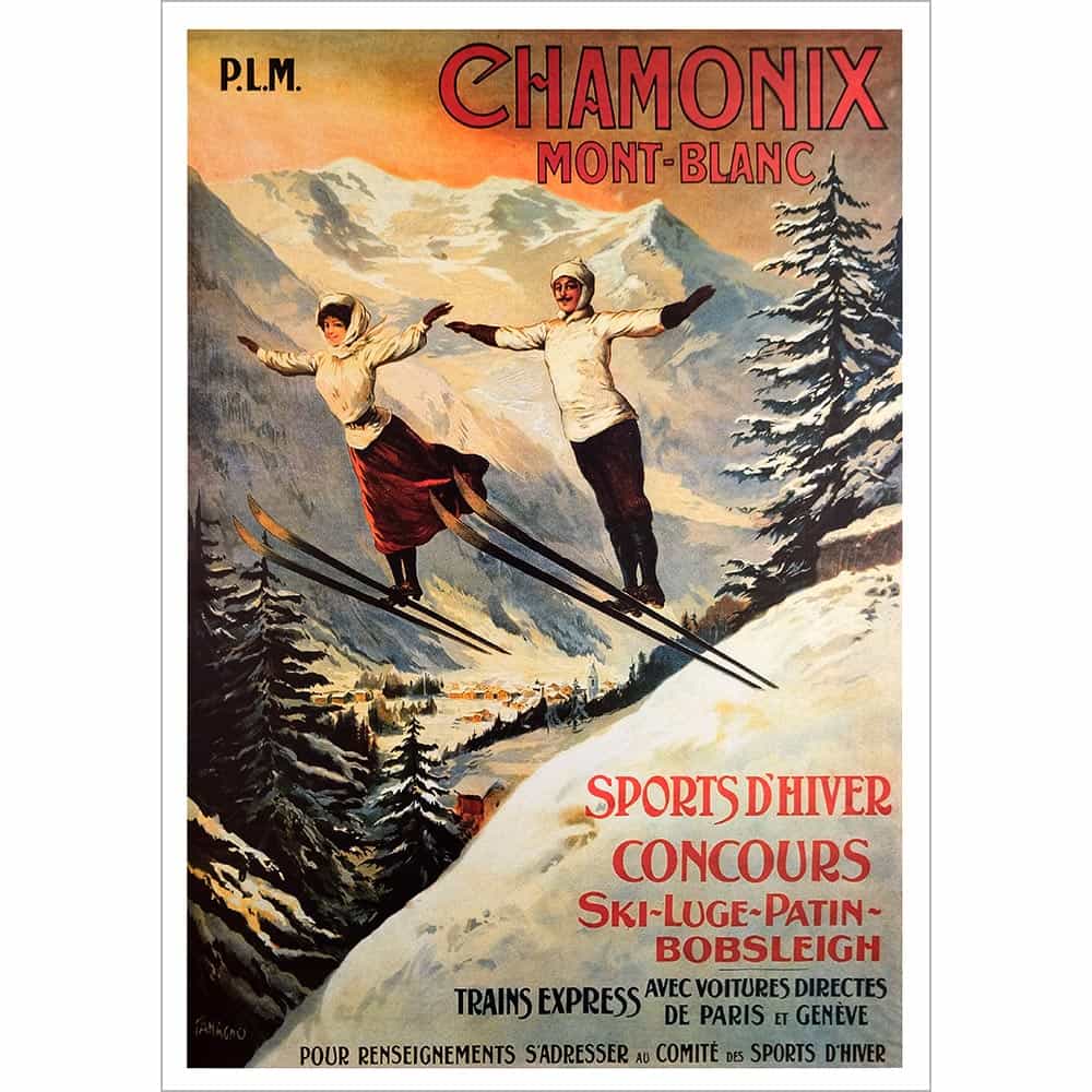Chamonix French Art Deco Ski Poster - Two Jumpers