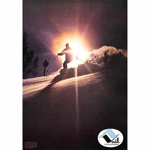 1960 Vail Last Run Original Vintage Ski Poster with the Sun Setting in the Background.