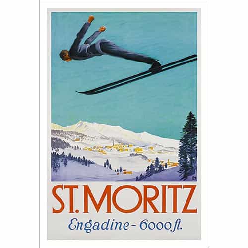 St Moritz Flying Jumper Ski Poster 1930s