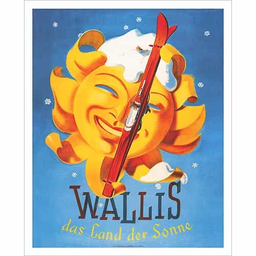 Wallis Sun Vintage Swiss Art Deco Ski Poster