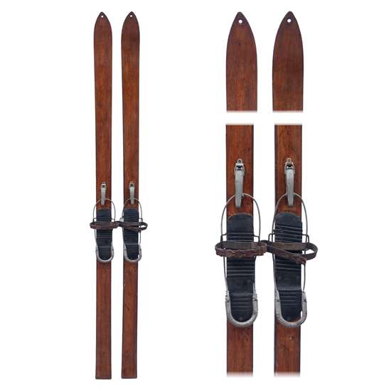1943 S. L. Allen Hickory 10th Mountain Division WWII Skis Cable with Bindings.