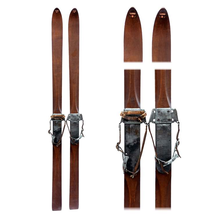 1930s Lund Maple Vintage Ridge Top Downhill Skis with bear trap and leather bindings