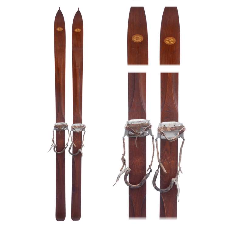 1940s Montgomery Wards Ridge Top Hickory Downhill Skis with bear trap and Leather bindings