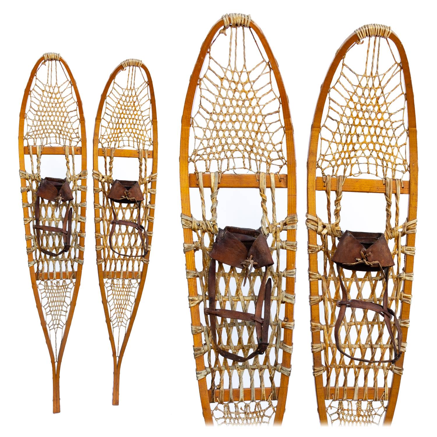 1950s Athabascan Style Traditional Trapper Snowshoes with leather bindings