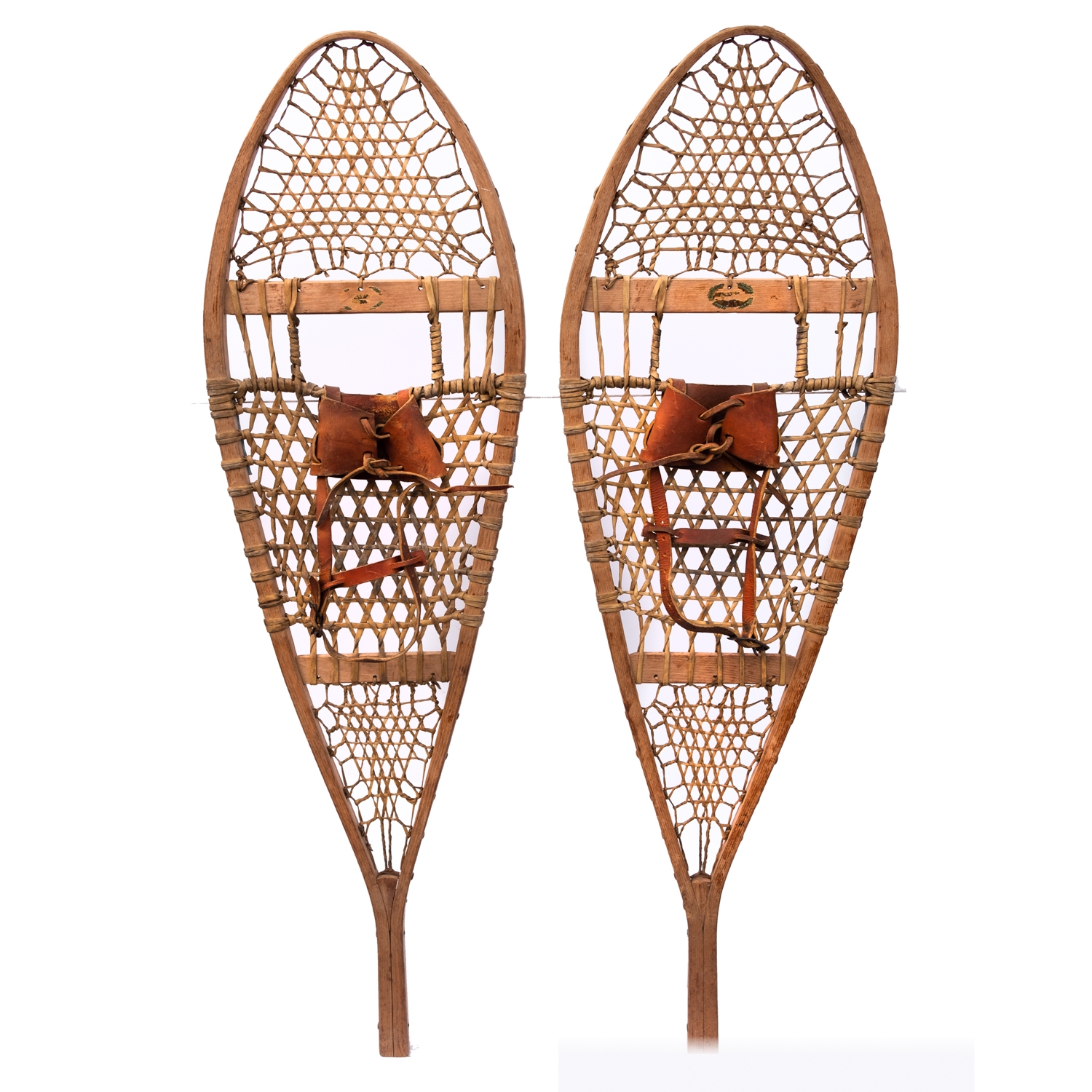 1940s Northland Maine Style Vintage Snowshoes with leather bindings. Size -  39 x 16 inches