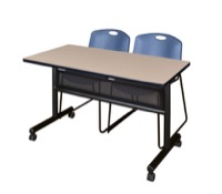 48" x 24" Flip Top Mobile Training Table with Modesty Panel - Beige and 2 Zeng Stack Chairs - Blue
