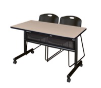 48" x 24" Flip Top Mobile Training Table with Modesty Panel - Beige and 2 Zeng Stack Chairs - Black