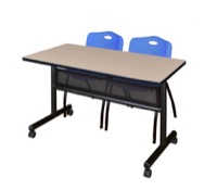 48" x 24" Flip Top Mobile Training Table with Modesty Panel - Beige and 2 "M" Stack Chairs - Blue