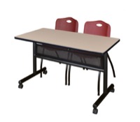 48" x 24" Flip Top Mobile Training Table with Modesty Panel - Beige and 2 "M" Stack Chairs - Burgundy