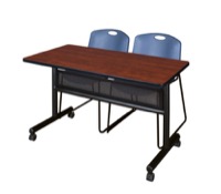 48" x 24" Flip Top Mobile Training Table with Modesty Panel - Cherry and 2 Zeng Stack Chairs - Blue
