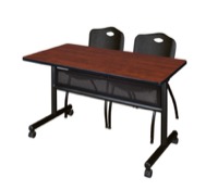 48" x 24" Flip Top Mobile Training Table with Modesty Panel - Cherry and 2 "M" Stack Chairs - Black