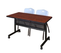 48" x 24" Flip Top Mobile Training Table with Modesty Panel - Cherry and 2 "M" Stack Chairs - Grey