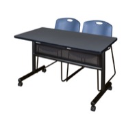 48" x 24" Flip Top Mobile Training Table with Modesty Panel - Grey and 2 Zeng Stack Chairs - Blue