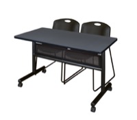 48" x 24" Flip Top Mobile Training Table with Modesty Panel - Grey and 2 Zeng Stack Chairs - Black