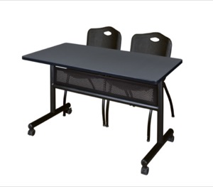 48" x 24" Flip Top Mobile Training Table with Modesty Panel - Grey and 2 "M" Stack Chairs - Black