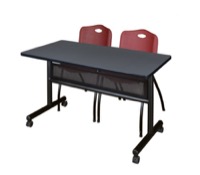 48" x 24" Flip Top Mobile Training Table with Modesty Panel - Grey and 2 "M" Stack Chairs - Burgundy